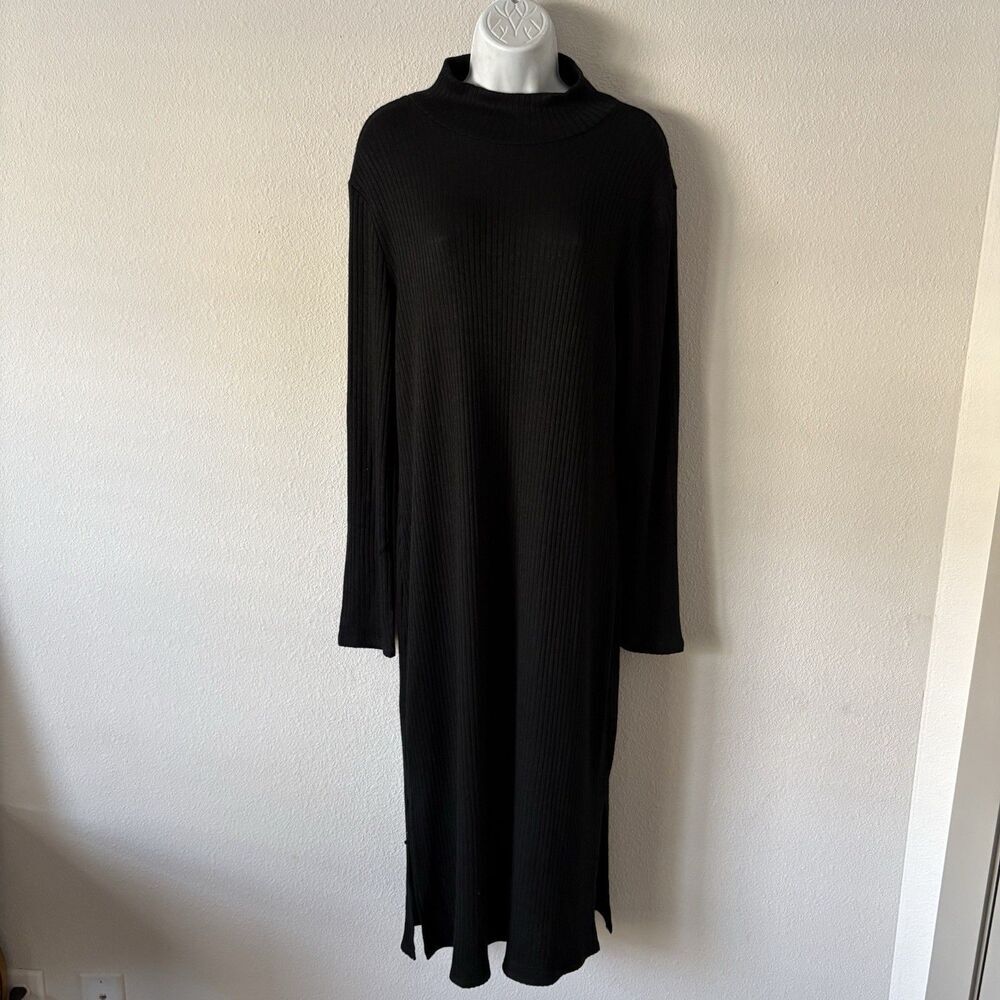Banana Republic Ribbed Sweater Dress Womens Size L Black Mock Neck Midi